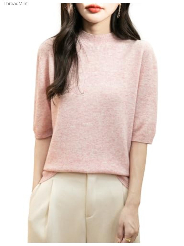 100% Merino Wool Seamless Knit Mock Neck Short Sleeve Pullover Sweater